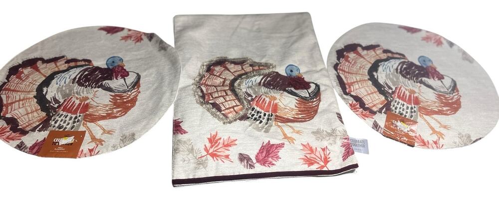 Celebrate Together Thanksgiving Turkey Runner 13"x72" and Two 15" Placemats NWT